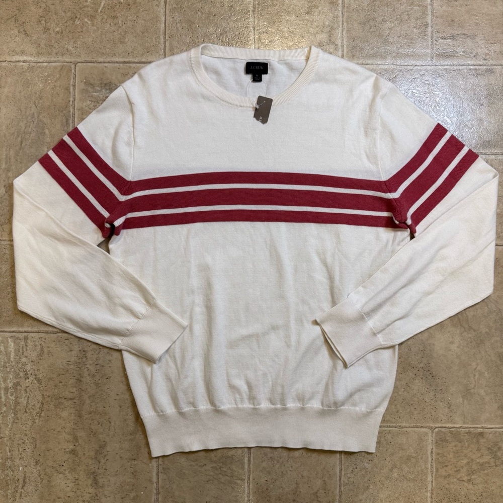 J Crew men’s triple stripe 100% cotton sweater ivory and red medium crewneck